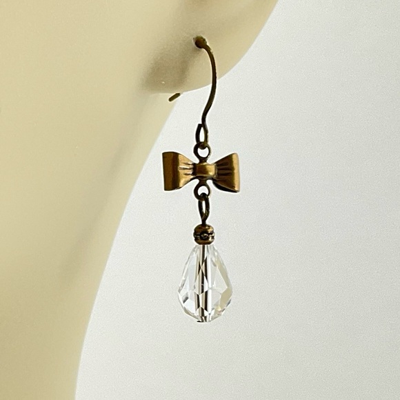 Crystal Teardrop & Bow Earrings, Handmade, Art Nouveau Style, Antique Brass - Picture 1 of 6